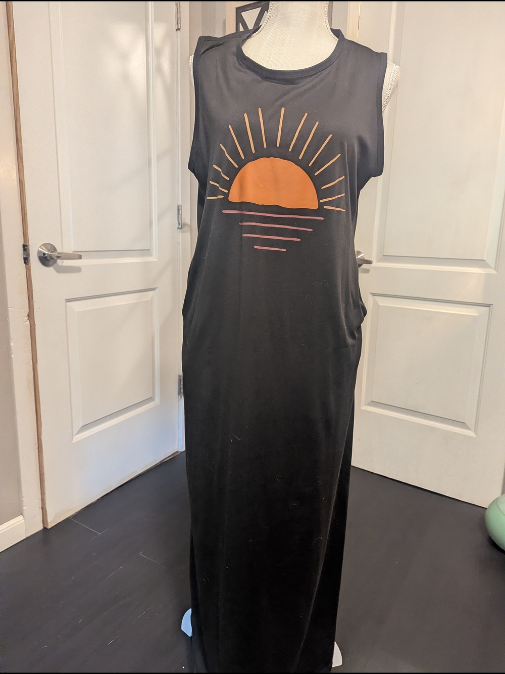 Black Sleeveless Maxi Dress with Sunset Graphic